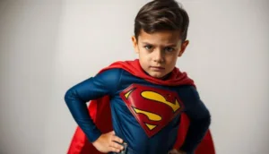 Menino fantasiado de super heroi